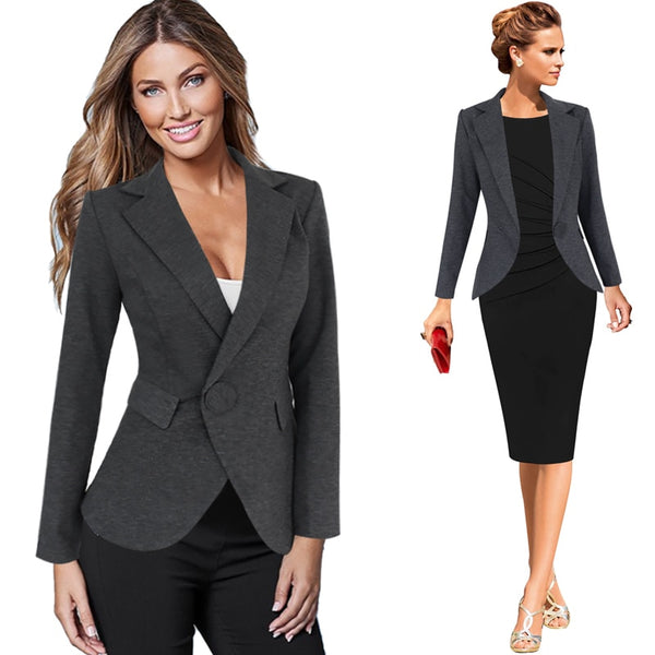 Women Autumn Winter Long Sleeve Turn Down Collar Lapel One Button Pocket Wear to Work Office Business Blazer Jacket 8455