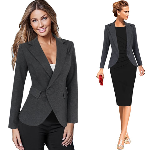 Women Autumn Winter Long Sleeve Turn Down Collar Lapel One Button Pocket Wear to Work Office Business Blazer Jacket 8455