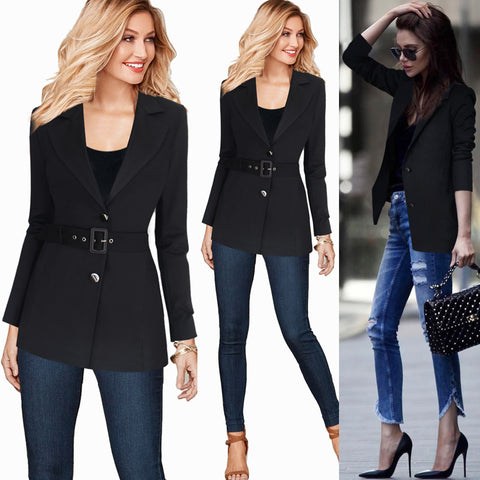 Womens Autumn Winter Notch Lapel Tartan Plaid Button Belted Long Sleeve Work Office Business Outwear Blazer Jacket 10081