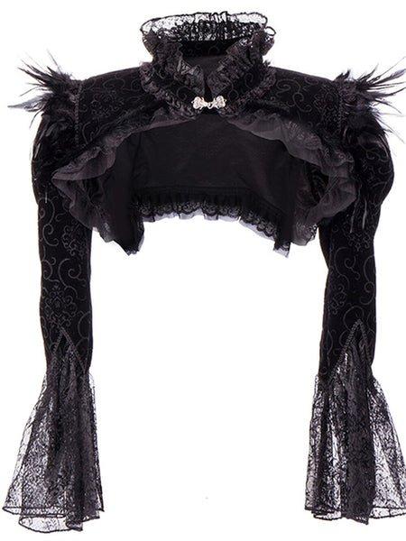 Victorian Black Flannel Feathers Lace Jacket Long Sleeve Ruffles Stand Collar Gothic Bolero Clothing Accessories Steampunk Coat