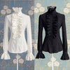 Victorian Flounce Blouse Women OL Office Ladies Business White Shirt High Neck Frilly Ruffle Cuffs Shirts Female Blouses