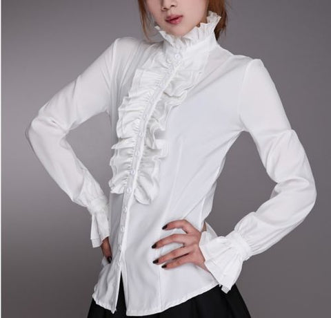 Victorian Flounce Blouse Women OL Office Ladies Business White Shirt High Neck Frilly Ruffle Cuffs Shirts Female Blouses