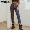 Viifaa Black and Blue Two Tone High Waist Denim Jeans for Women 2022 Zipper Fly Casual Ladies Straight Jeans