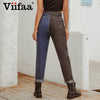 Viifaa Black and Blue Two Tone High Waist Denim Jeans for Women 2022 Zipper Fly Casual Ladies Straight Jeans