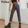 Viifaa Black and Blue Two Tone High Waist Denim Jeans for Women 2022 Zipper Fly Casual Ladies Straight Jeans
