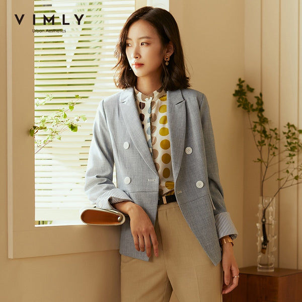 Vimly Autumn Elegant Blazers and Jackets Women Notched Double Breasted Slim Suit Vintage Female Coat F1722