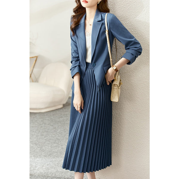 Vimly Blazer Coat Pleated Skirt Suit 2023 Autumn Winter Business Office Ladies Two-piece Skirt Set Female Clothing V5883