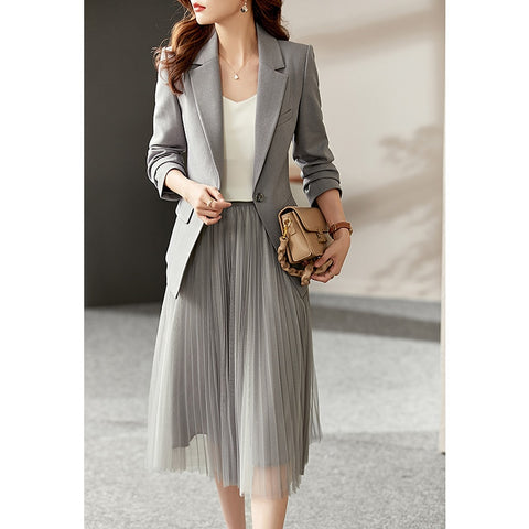 Vimly Skirt Suits Women 2023 Office Lady Temperament Delicate Slim Commuter Blazer Gauze Design A-line Skirt V5752