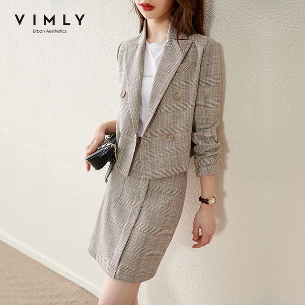 Vimly Spring Blazer Clothing Set Double Breasted Striped Suit High Waist Pocket Skirt Elegant Two Piece Set F6395