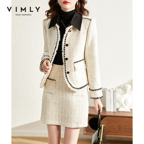 Vimly Winter Short Blazer Elegant Office Lady Tweed Coat High Waist A-line Mini Skirt Retro Female Two Piece Suit Jacket V0217