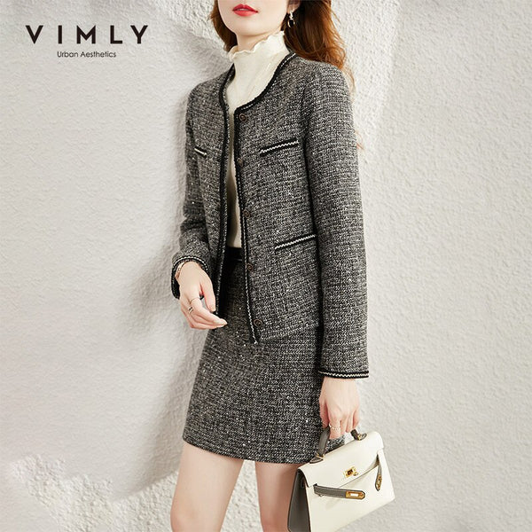 Vimly Winter Short Blazer Elegant Office Lady Tweed Jacket High Waist A-line Mini Skirt Retro Female Two Piece Set F9229