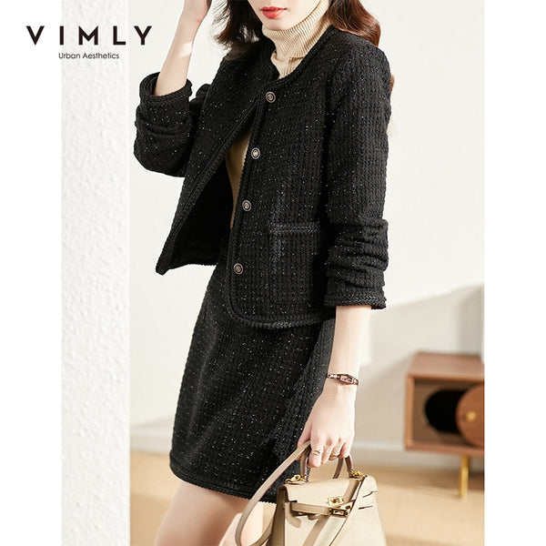 Vimly Winter Short Blazer Elegant Tweed Jacket Women Clothing Set High Waist A-line Mini Skirt Retro Female Two Piece Set V0399