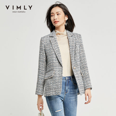Vimly Women Blazers Autumn Spring Elegant Lapel Single Button Tweed Jacket Slim Business Casual Coat Female F3728