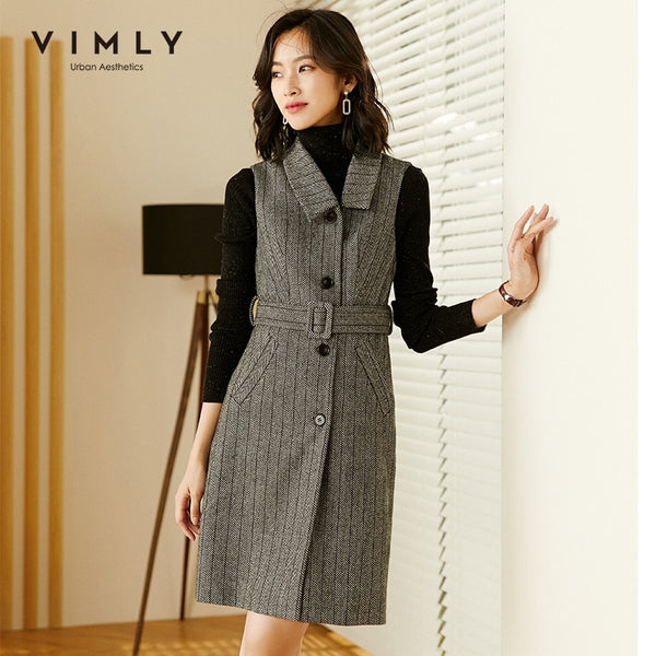 Vimly Women's Vest Dress Striped Single Breasted Pockets Wool Dresses Winter Female Vestidos Office Lady Work Wear F3665