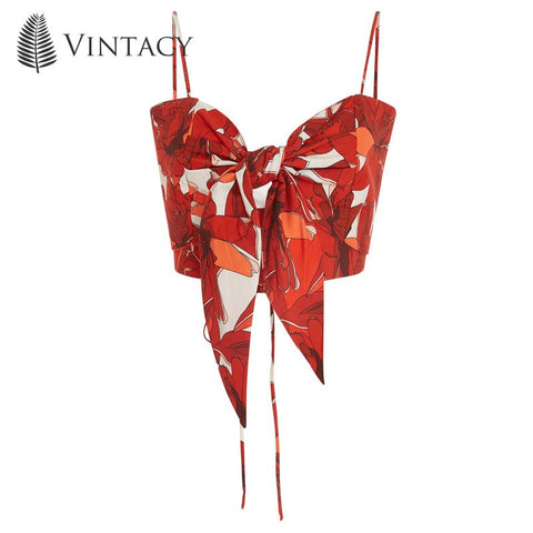 Sexy Camisole Crop Top Women Strap Bow Knot Lace Up Tank Top Red Floral Female Backless Sleeveless Beach Cropped Cami