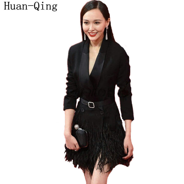 Vintage Autumn Runway Women Double Breasted Sashes Feather Tassel Black Long Blazers Coat Long Sleeve Blaser Femenino Outerwear