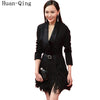 Vintage Autumn Runway Women Double Breasted Sashes Feather Tassel Black Long Blazers Coat Long Sleeve Blaser Femenino Outerwear
