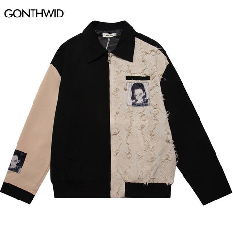 Vintage Baseball Jacket Harajuku Japanese Anime Girl Patchwork Color Block Zip Up Jackets Streetwear Hip Hop Casual Cotton Coat