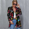 Vintage Black Japan Print Notched Single Button Blazer Women Coat Harajuku Casual Street Elegant Lady Jacket streetwear