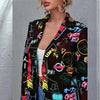 Vintage Black Japan Print Notched Single Button Blazer Women Coat Harajuku Casual Street Elegant Lady Jacket streetwear