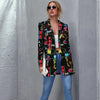 Vintage Black Japan Print Notched Single Button Blazer Women Coat Harajuku Casual Street Elegant Lady Jacket streetwear