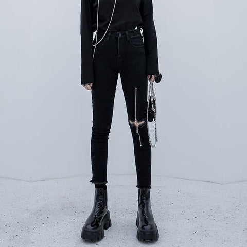 Vintage Black Jeans Women Punk Style Zipper Ripped High Waist Pencil Pants Jeans Women's Gothic Ripped Jeans for Women S-4XL 5XL