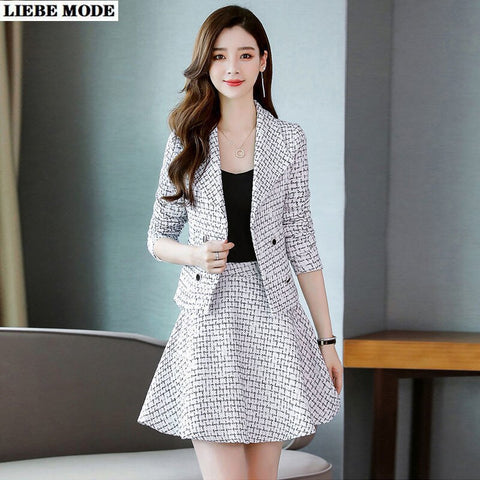 Vintage Blazer Set Women Jacket and A-line Skirt 2 Pieces Skirt Suit Female Wool Blazer Suit Office Ladies Elegant Plaid Outfits