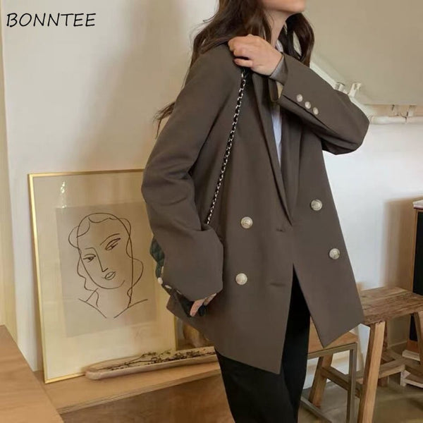 Vintage Blazers Women Double Breasted Ulzzang Colleges Spring Clothes Design Retro Autumn Outerwear Daily Comfortable Leisure
