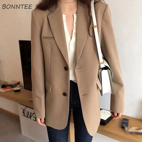 Vintage Blazers Womens British Style Simple Solid Long Sleeve Casual Loose Lady Outerwear Fashionable Single Breasted Femme