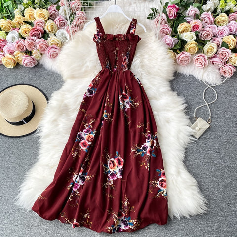 Vintage Boho button Sexy Spaghetti Strap floral print Midi long Dress Summer Party Women elegant tunic dress Beach Holiday Dress