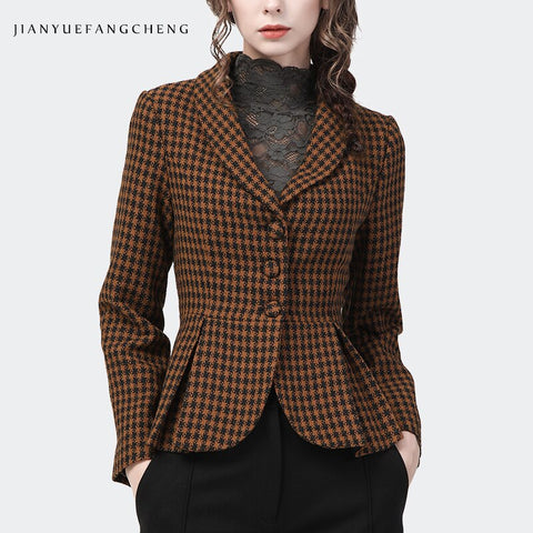 Vintage Brown Plaid Women Woolen Blazer 2023 Autumn Winter Elegant Suit Collar Slim Short Female Jacket Office Ladies Coat