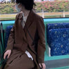 Vintage Brown Suit Coats Midi Skirt women Sets 90s Retro Blazer Turndown Collar Button-up Jackets Women Autumn Pleated Dress