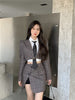 Vintage Buckle Check Plaid 2 Pieces Set 2023 Women Cropped Blazer Irregular Ladies Side Slit Mini Skirt Long Sleeve Suits Outfit