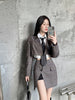 Vintage Buckle Check Plaid 2 Pieces Set 2023 Women Cropped Blazer Irregular Ladies Side Slit Mini Skirt Long Sleeve Suits Outfit