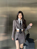Vintage Buckle Check Plaid 2 Pieces Set 2023 Women Cropped Blazer Irregular Ladies Side Slit Mini Skirt Long Sleeve Suits Outfit