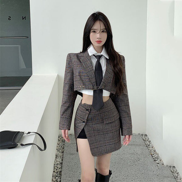Vintage Buckle Check Plaid 2 Pieces Set 2023 Women Cropped Blazer Irregular Ladies Side Slit Mini Skirt Long Sleeve Suits Outfit