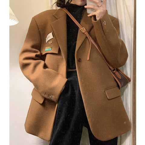 Vintage Camel Woolen Blazers Women Winter Korean Style Suit Jacket Woman Button Oversized Blazer Autumn New