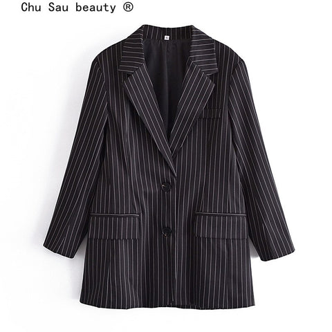Vintage Casual 2022 Autumn Woman Out Wear Slim Striped Loose Blazer Suit Coat Office Ladies Chic Top