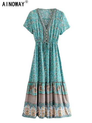 Vintage Chic Women Floral Print Bat Sleeve Beach Bohemian Maxi Dresses Ladies V Neck Button Summer Boho Dress Vestidos