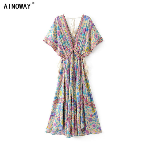 Vintage Chic women peacock Floral print bat sleeve beach Bohemian maxi dresses robe Ladies V-neck Tassel Summer Boho dress