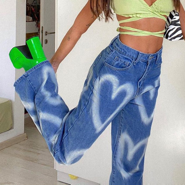 Vintage Clothes Y2K Jeans Heart Graphic Graffiti Baggy E-girl Aesthetics High Waist Long Straight Pants Autumn Demin Trousers