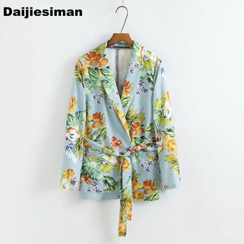 Vintage Colorful Print Floral Blazers Kimono Sashes Suit Slim Coat Long Sleeve  Women Cardigan Tops Outerwear Office