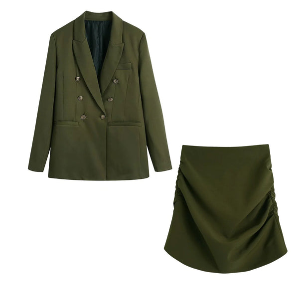 Vintage Dark Green Women's Skirt Suits 2023 for Office Lady Double Breasted Blazer Jacket Mini Skirt High Street Workwear