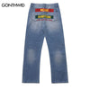 Vintage Denim Jeans Streetwear Hip Hop Letter Print Distressed Baggy Straight Jean Pants Summer Casual Loose Trousers