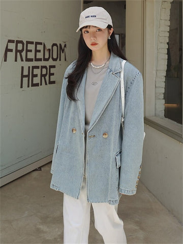 Vintage Denim Suit Jacket Blazers Women 2023 Autumn Elegant Double Breasted Loose Casual Korean Style Cowboy Coat Girl 8690