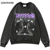 Vintage Distressed Washed Sweatshirt Hoodie Hip Hop Retro Skeleton Skull Butterfly Print Pullover Harajuku Punk Goth Sweatshirt