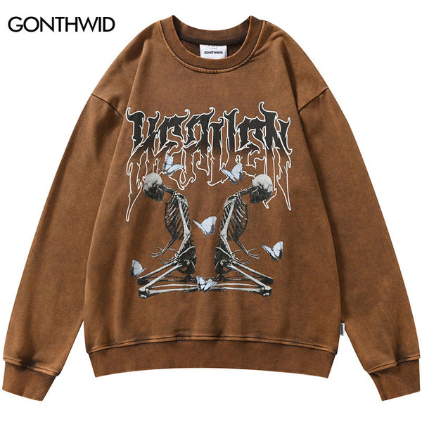 Vintage Distressed Washed Sweatshirt Hoodie Hip Hop Retro Skeleton Skull Butterfly Print Pullover Harajuku Punk Goth Sweatshirt