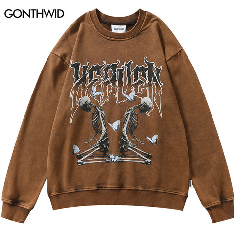 Vintage Distressed Washed Sweatshirt Hoodie Hip Hop Retro Skeleton Skull Butterfly Print Pullover Harajuku Punk Goth Sweatshirt