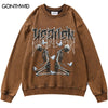 Vintage Distressed Washed Sweatshirt Hoodie Hip Hop Retro Skeleton Skull Butterfly Print Pullover Harajuku Punk Goth Sweatshirt