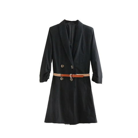 Vintage Double Breasted Long Blazers Women Coat 2022 New Fashion Pleated Sleeves Belt Ladies Outerwear Casual Blazer Feminino